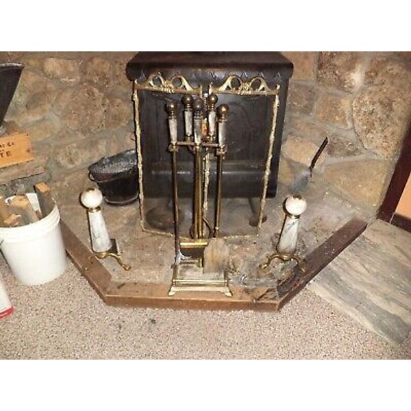 Brass Tone & marble Solid 5-Piece Fireplace Tool & Stand Set & Screen & Andirond