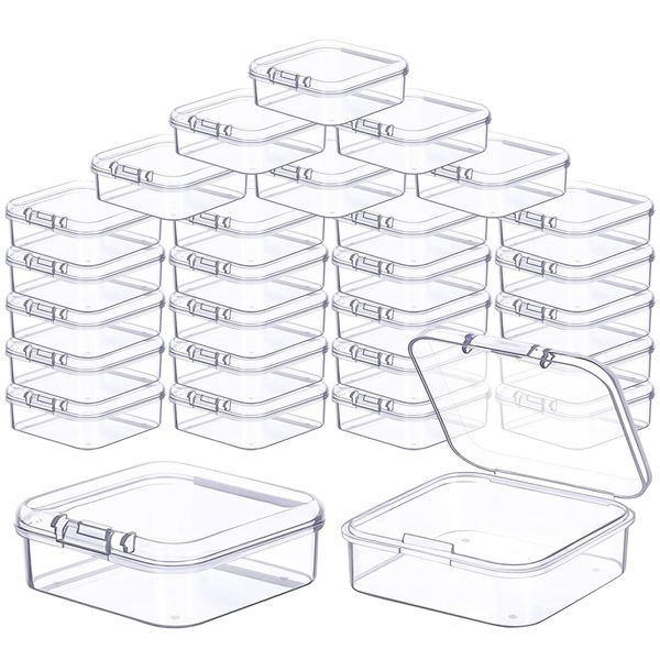 Prmape 30 Pieces Small Storage Box with Lid, 5.5 * 5.5 * 2cm Mini Rectangular Plastic Boxes, Mini Clear Bead Storage Containers, Containers with Hinged Lids for Bead Pill Candy Jewellery Craft