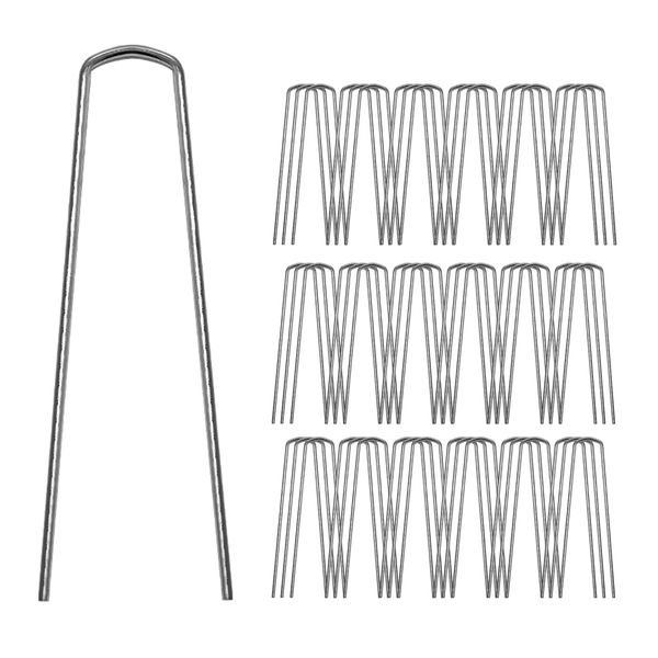Garden Pegs 50pcs Sturdy Galvanised Steel Ground Stakes 6" U-Shape Trapezoidal-Head Metal Weed Membrane Pegs Sheet Turf Fake Artificial Grass Pins Staple Hook Spike Anchor Fencing Netting Landscaping