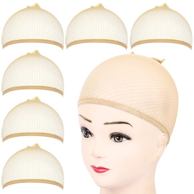 FANDAMEI Haarnetz für Perücken, 6 Stück Perückenkappe Set Nylon Wig Cap Perücke Kappen Perückennetz Unterziehhaube Dehnbare Elastische Atmungsaktive Beige