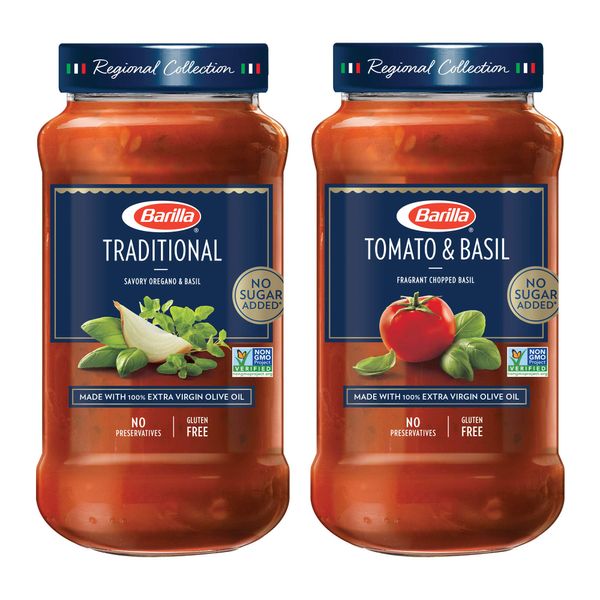 BARILLA Premium Pasta Sauce Variety Pack Tomato & Basil and Traditional Tomato, 24 Ounce Jar (Pack of 4) - No Added Sugar, Artificial Colors, Flavors, or Preservatives - Non-GMO, Gluten Free, Kosher