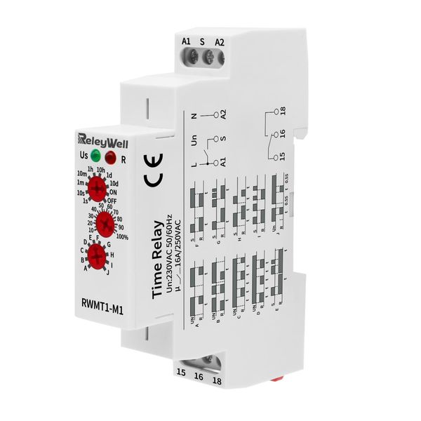 16A Multifunction Timer Relay with 10 Function Selections, 0.1 sec-10 Days, Delay Time Relay DIN Rail Mount Type (M1 230VAC)