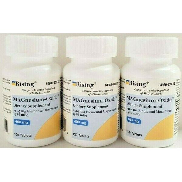 Rising Pharmaceuticals Magnesium Oxide 400mg 120ct White Tabs -3 Pack