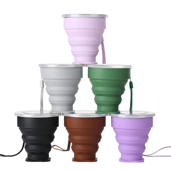 XSEXO 6 Stück Faltbarer Travel Cup mit Deckel, aus Silikon, faltbar, mit Deckel, erweiterbar, wiederverwendbar, geeignet für Camping und Wandern