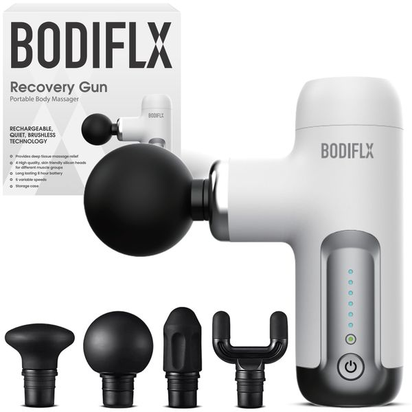 BODIFLX Recovery Gun, White, Portable Mini Muscle Massage Gun - Handheld Deep Tissue Percussion Electric Massager for Recovery and Pain Relief, Super Quiet with Premium Silicon Massage Heads