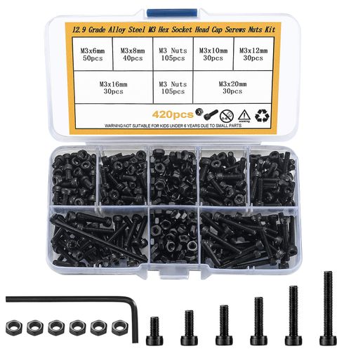 420 Pcs Metric M3 Hex Socket Head Cap Screws Bolts and Nuts, Carbon Steel Hexagon Socket Head Cap Screws Assortment Kit, Allen Socket Drive Cap Head Bolts and Lock Nuts Machine Screws Set