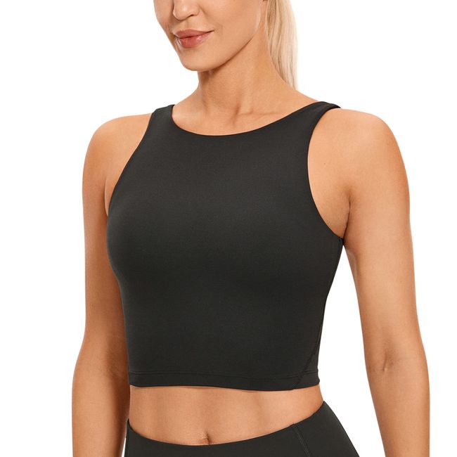 CRZ YOGA Damen Butterluxe Longline Sport BH Gepolstert Ohne Bügel Crop Top High Neck U Rücken Workout Tanktops Schwarz 42