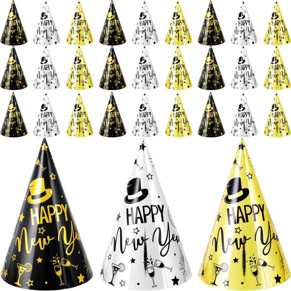 Sonarun 30 Pack New Year's Eve Party Hats Happy New Year Paper Cone Hats for Kids Adults New Year's Eve Birthday Party Supplies New Year Decorations, 3 Styles