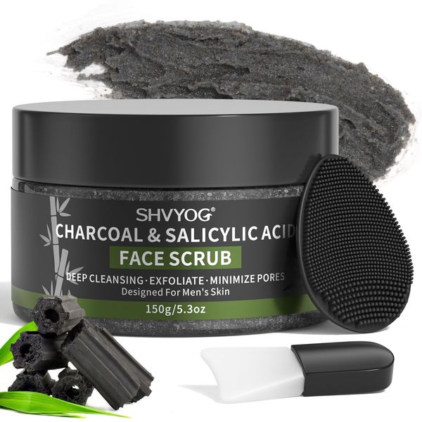 Men's Face Scrub, Bamboo Charcoal Salicylic Acid Face Exfoliant, Facial Peeling Improves Blackheads, Acne, Clogged Pores, Cleansing Oil Control, Pre-shave Care for Men, with Facial Cleansing Brush