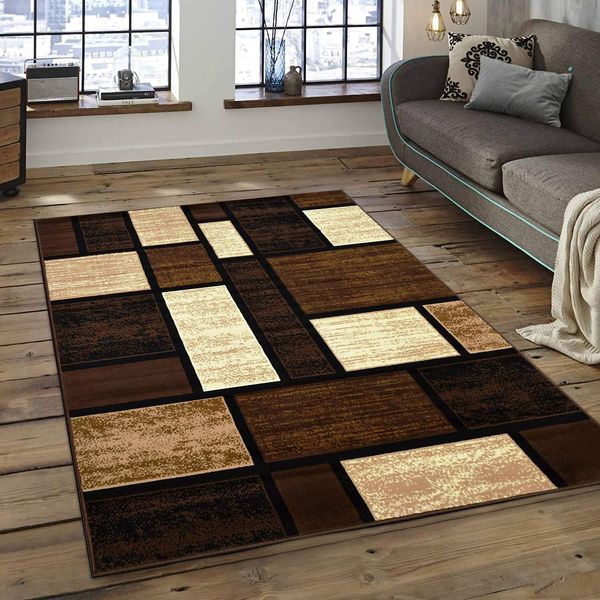Champion Rugs Square Pattern Brown Area Rug Box Pattern Modern (5’ X 7’)