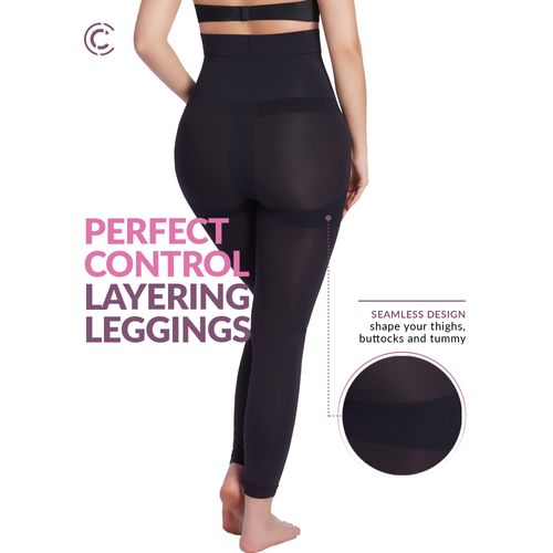 CURVEEZ Thigh Slimmers Shapewear for Women: Tummy Control Body Shaper, Butt Lift, Compression Sheer Leggings Footless Tights Black