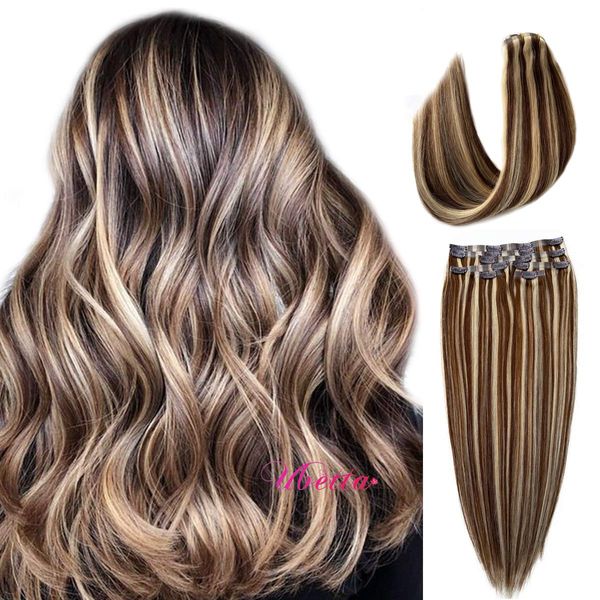 Clip in Hair Extensions Brown with Blonde Highlights Human Hair Extensions 7 Pieces 100G Skin Weft Remy Clip in Human Hair Extensions Fine Hair Full Head Silky Straight Real Hair Extensions for Women