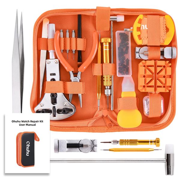 Watch Tool Kit, Ohuhu 213 PCS Upgraded Heavy Duty Watch Repair Kit Battery Replacement Link Removal Band Tool Kits Professional Watch Back Case Opener Removal Tools with PU Leather Bag User Manual