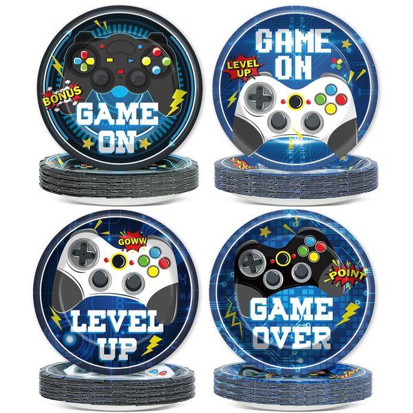 CHUNNIN 48PCS Video Game Party Paper Plates Video Games Themed Birthday Party Supplies for Boys Gamer Kids 7" Blue Gaming Controller Dessert Plates Disposable for Video Game Party Decorations