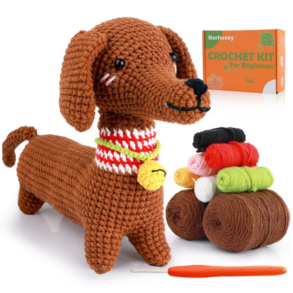 Norhusey Animal Crochet Kit for Beginners: Learn to Crocheting Cute Amigurumi Starter Kit with Written & Video Tutorials - Adults & Kids Crochet Dog Supplies Kit (Dachshund)