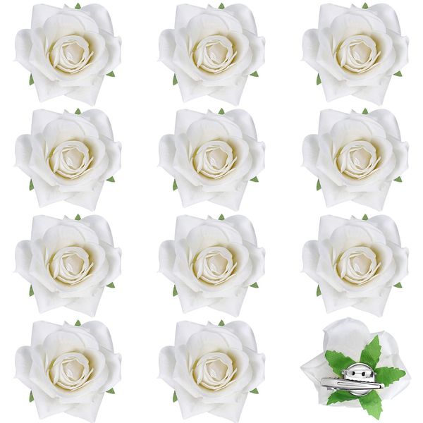 Yilloog 12 Pack Rose Hair Clip Flower 2.8'' Hairpin Floral Brooch Floral Hair Clips Mexican Hair Flowers Hairpin Party Supplies for Women Rose Hair Accessories Wedding Pack(White)