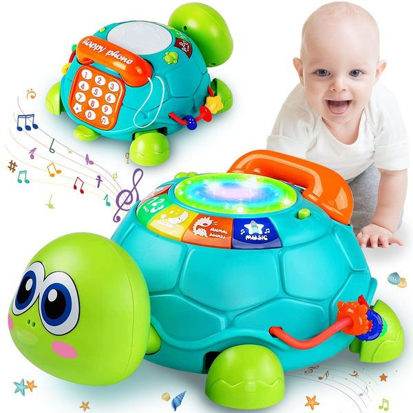 Ussybaby Baby Crawling Toys 6 to 12 Months, Baby Turtle Musical Toys for 12-18 Months, Phone Hand Drum Toy, Baby Toys 7 8 9 10 11 Months 1-2 Year Old Toys Infant, Baby Boy Girl Gift