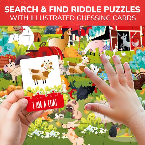 QUOKKA Search and Find Puzzles for Kids Ages 4-6 - Riddle Kids Puzzles 6-8 Years Old - 70 Unique Pcs | 20 Illustrated Guessing Cards | Engaging Children Themes - Farm Puzzle Gift for Toddlers 3-5