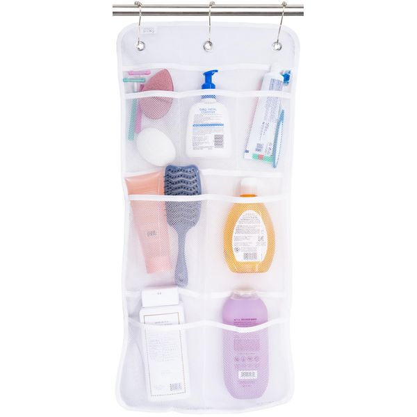 S&T INC. Shower Organizer, Shower Caddy or Bathroom Organizer with Quick Drying Mesh, 7 Pockets to Hold Shampoo, Soap, Loofah, and Cruise Ship Essentials, 14 Inch by 30 Inch, White, 1 Pack