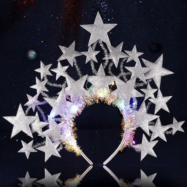 CAKURE Light Up Star Headband Led Silver Stars Headpieces Glowing Party Costume Headwear Brithday Hair Accessories for Women (Silver)