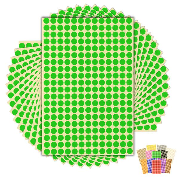 3,900 x Green Sticky Dots - 8mm - Round Colour Coding Dot Stickers - 15 Sheets