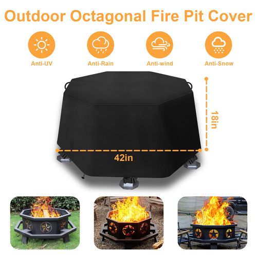 Octagonal Fire Pit Cover, Outdoor Fire Pit Covers, Heavy Duty 600D Waterproof Octagonal Fire Pit Cover, 43in Octagonal FirePit Covers, for Outdoor rain, Snow, Wind, UV Proof (43In)