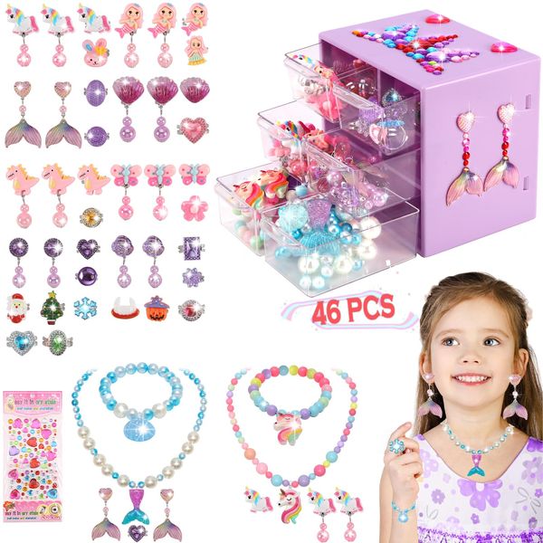 Kids Toys for Ages 5-7 Girls Jewelry Box, Toddler Toys For Girls 8-10, Clip on Earrings Adjustable Rings, Unicorn and Mermaid toys for Pretend Play & Dress up 3 4 5 6 Kids Birthday Christmas Gifts