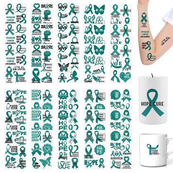 WANDIC 30 Sheets Ovarian Cancer Awareness Temporary Tattoos, Teal Ribbon Awareness Tattoo Sticker Cancer Survivor Decals for Charity Event Decoration