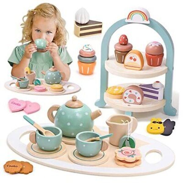 Wooden Tea Party Set for Little Girls 28 Pcs Toddler Tea Set with Cupcake