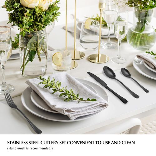 Black Cutlery Set, 16 Piece Stainless Steel Cutlery Set for 4 People Black Knife and Fork Set with Round Handle Mirror Polished Surface Easy to Clean and Dishwasher Safe