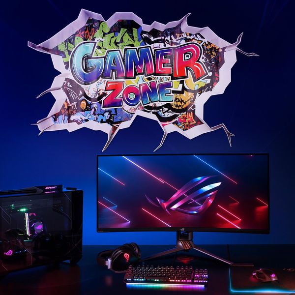 Game Wall Stickers, 3D Broken Wall Controller Design, for Teenagers' Bedroom Decor
