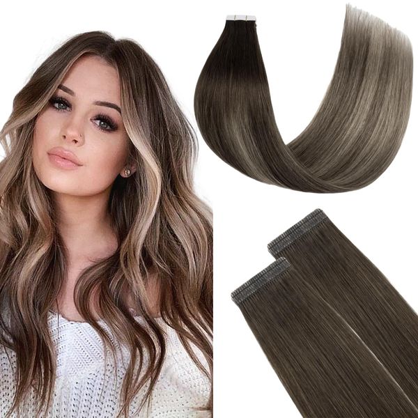 FUOTONBUTY Tape Extensions Echthaar Doppelt Genäht, Ombre Mittelbraun bis Honigblond Tape in Extensions Echthaar, 20 Stück 50g Invisible Tape Extensions, Tape on Extension Echthaar 45cm