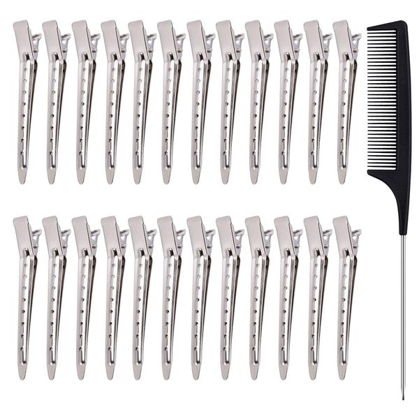 24 Stück 3,5 Zoll Entebill Haarspangen, Silber Metall Haarklammern Abteilklammern Friseurbedarf Stahl Haarclips Alligator Curl Clips mit Löchern