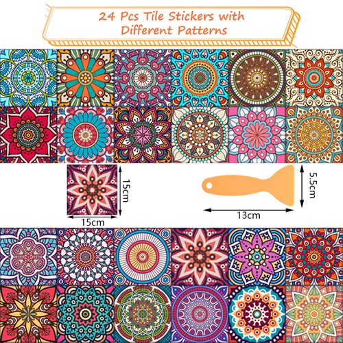ZOCONE Moroccan Tile Stickers, 24 PCS Square Colorful Tile Stickers for Kitchen Bathroom, Waterproof, 15 * 15cm Vinyl Wall Tile Stickers Mandala Tile Decals Tile Transfers Stickers Stick on Tiles