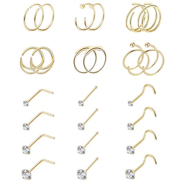 Vegolita 24PCS 22G 316L Stainless Steel Nose Rings Hoop for Women Men Nose Studs CZ Cartilage Helix Tragus Piercing Jewelry G