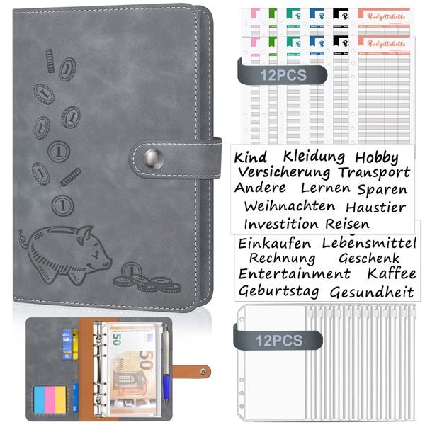 A6 Budget Planner Deutsch, Bugetplaner Budget Binder sparbuch, Glücksschwein Geld Organizer mit Folien Cash Stuffing mit 12 Stück Umschlagmethode Binder …