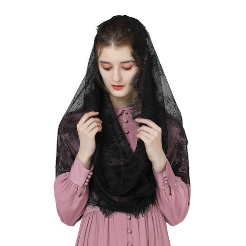 BEAUTELICATE Infinity Mantilla Veil Catholic Church Latin Mass Holy Communion Religious Ceremony Head Cover Formal Lace Scarf (Infinity Shape - Black)