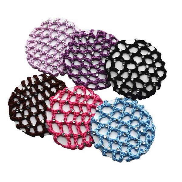 6Pcs Rhinestone Bun Cover Crochet Snood Hair Net Handmade Knit Mesh Fabric Hair Bun Net for Women Girls Ballet Dance Skating (Random Color)