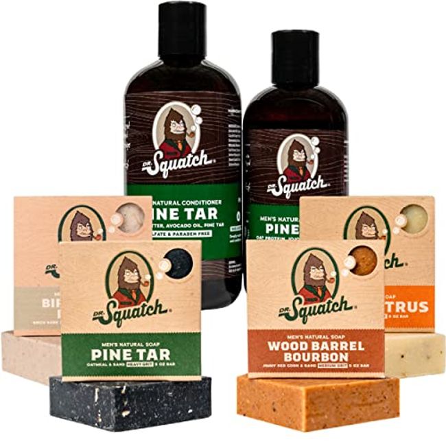 Dr. Squatch Men's Bar Soap FOREST Expanded Pack: Men's Natural Bar Soap: Pine Tar Bar Soap, Wood Barrel Bourbon, Birchwood Breeze, Cedar Citrus, and Pine Tar Hair Care Shampoo and Conditioner