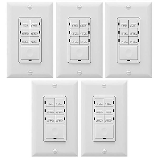 Enerlites Bathroom Timer Countdown Switch, HET06A-R | In-Wall Electrical Timer for Fans, Electrical Outlets, Indoor and Outdoor lights,with On/Off switch | White - 5 Pack