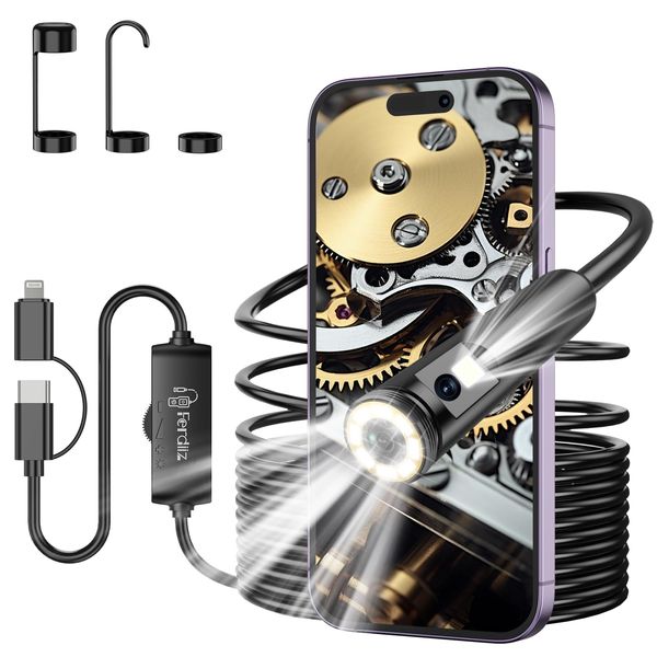 Endoscope Camera with Light, Ferdiiz 1920P HD Double Lens Tube Camera with 8+1 LED, Waterproof IP67 Inspection Camera, No WiFi Required Channel Camera for Android & iOS, Tablet - 16.4 ft/5 m