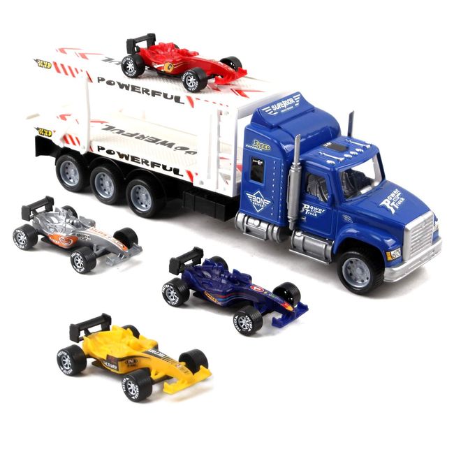 Vokodo Friction Powered Toy Semi Truck Trailer 14.5" With Four Formula 1 Race Cars Kids Push And Go Big Rig Carrier 1:32 Scale Auto Transporter Semi-Truck Play Vehicle Great Gift For Children Boy Girl