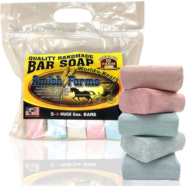 Amish Farms Natural Bar Soap (Huge 5 Bars) Made in USA, Hand-Made, Cold Process, Rustic Vegan Moisturizing Soap For Sensitive Skin - In 2 or 3 Random Colors, Clean Wildflower Scent, 5 Oz Each (5-Pack)