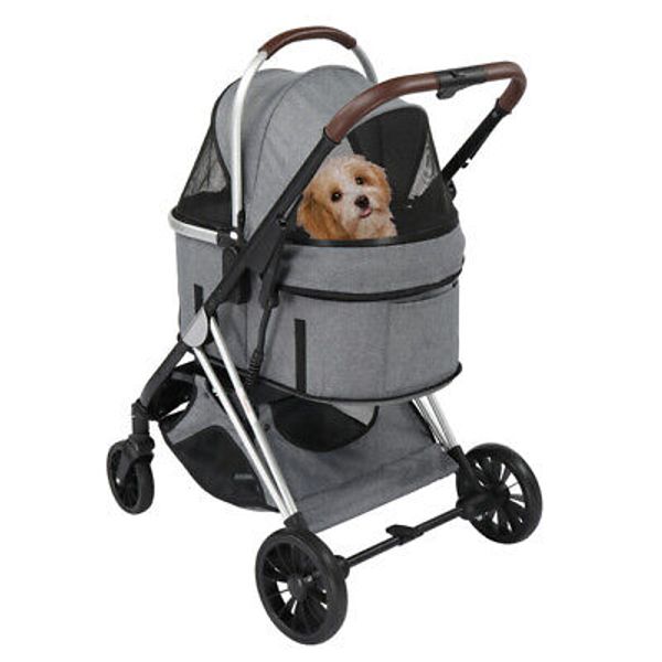 Pet Stroller 3 in 1, Folding with Detachable Carrier & Storage Basket, Grey