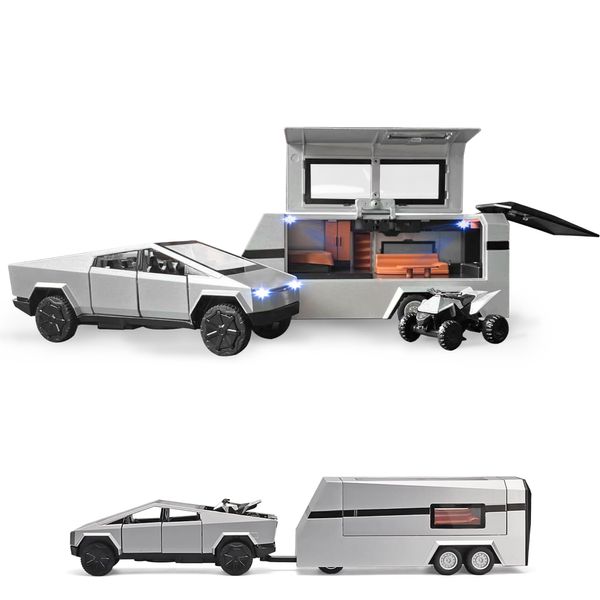 LariRob 1/32 Pickup Trailer RV Model Kit, Car Model Diecast Metal Toy,Truck Model Simulation Sound Light,Toy Trucks with RV Motor,Best Gift for Kids or Model car Collectors(Silver)