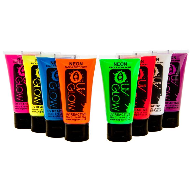 UV Glow Blacklight Face and Body Paint 1.7oz - Set of 8 Tubes - Neon ...