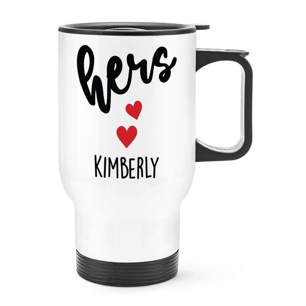 Personalised Hers Heart Name Travel Mug Cup with Handle