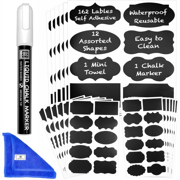 Chalkboard Labels for Jars 162pcs - Waterproof Reusable Chalk Sticker Labels for Containers Storage Jars - 12 Unique Shapes & 3 Sizes Includes Erasable Liquid Chalk Marker & Mini Towel (Pack of 162)