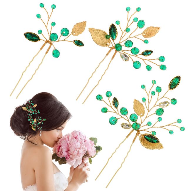 Lusofie 3Pcs Bridal Gold Hair Pins Emerald Green Rhinestone Hair Pins Flower Leaves Wedding Hair Piece Hair Accessories for Women Girls(3.54In)