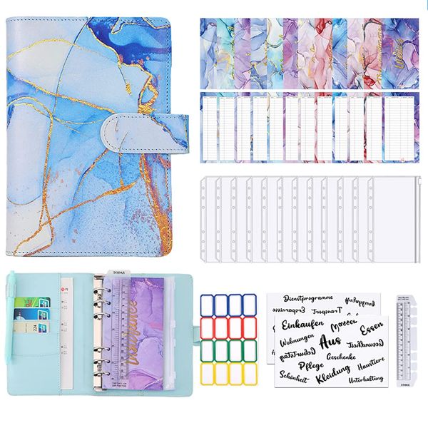Budget Planner Budget Binder Deutsch,A6 Bugetplaner,haushaltsbuch mit geldfächer,Leder Ringbuch Geld Organizer,Sparbuch mit Folien für Finanzplaner,Geld Sparen,Cash Stuffing (Marmor Blau)